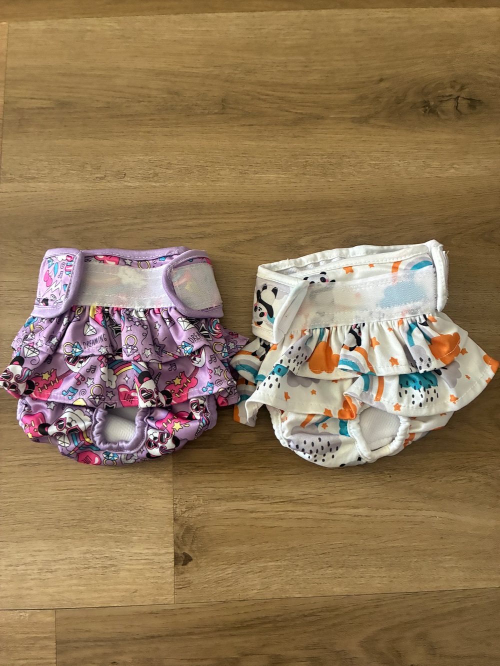 Bundle of 2 Small Reusable Female Dog Diapers Panda Unicorn Rainbow Prints EUC